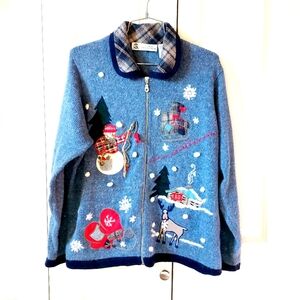 Ice Fishing Snowman Blue Zip Christmas Cardigan size Large Holiday  Ice Skates‎